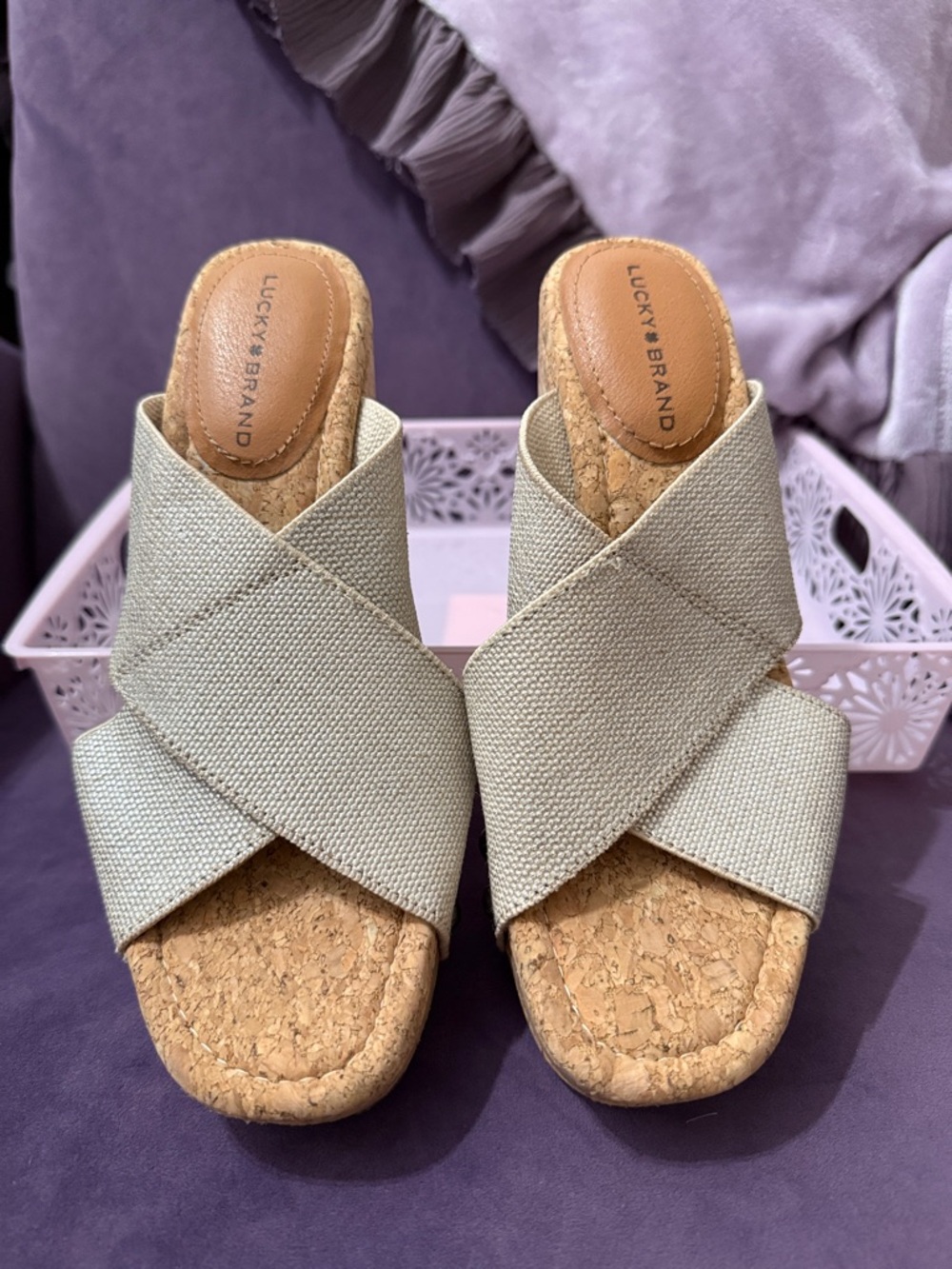 Lucky Brand Beige Crossband Cork Wedge Slides